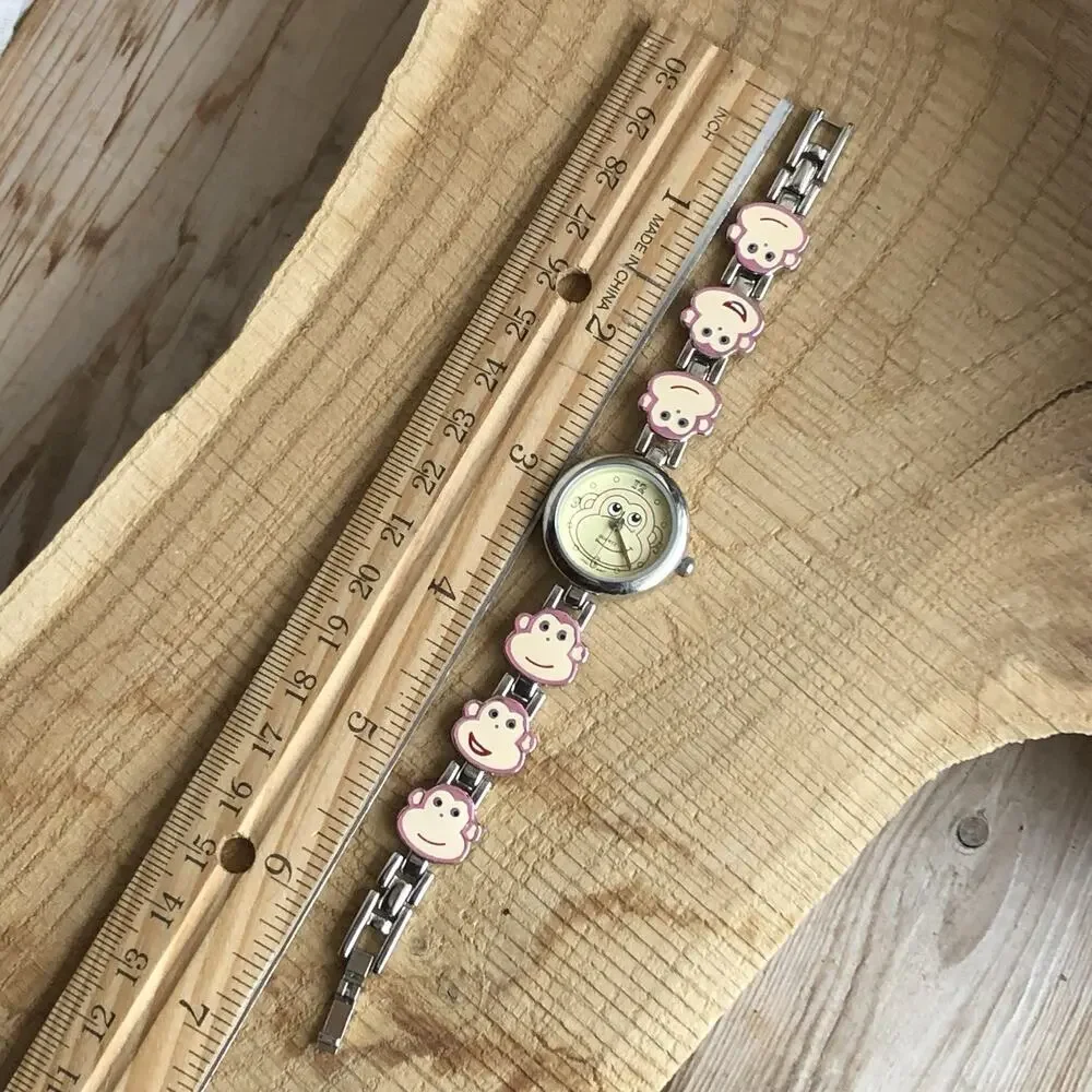 Pink Monkey Face Watch Bracelet Quartz‎ Girls Kids Enameled Metal Retro Cute